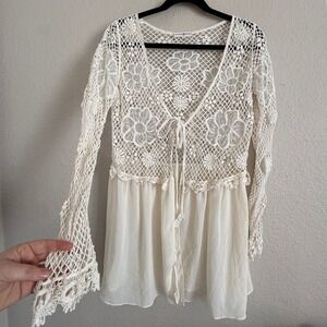 Womens Medium Cream Fairy Festival Crochet Tie Front Top Boho Romantic Ethereal